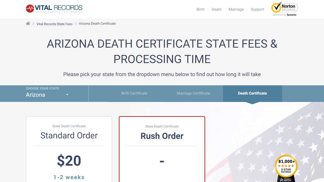 Arizona Death Certificate State Fees & Processing Time